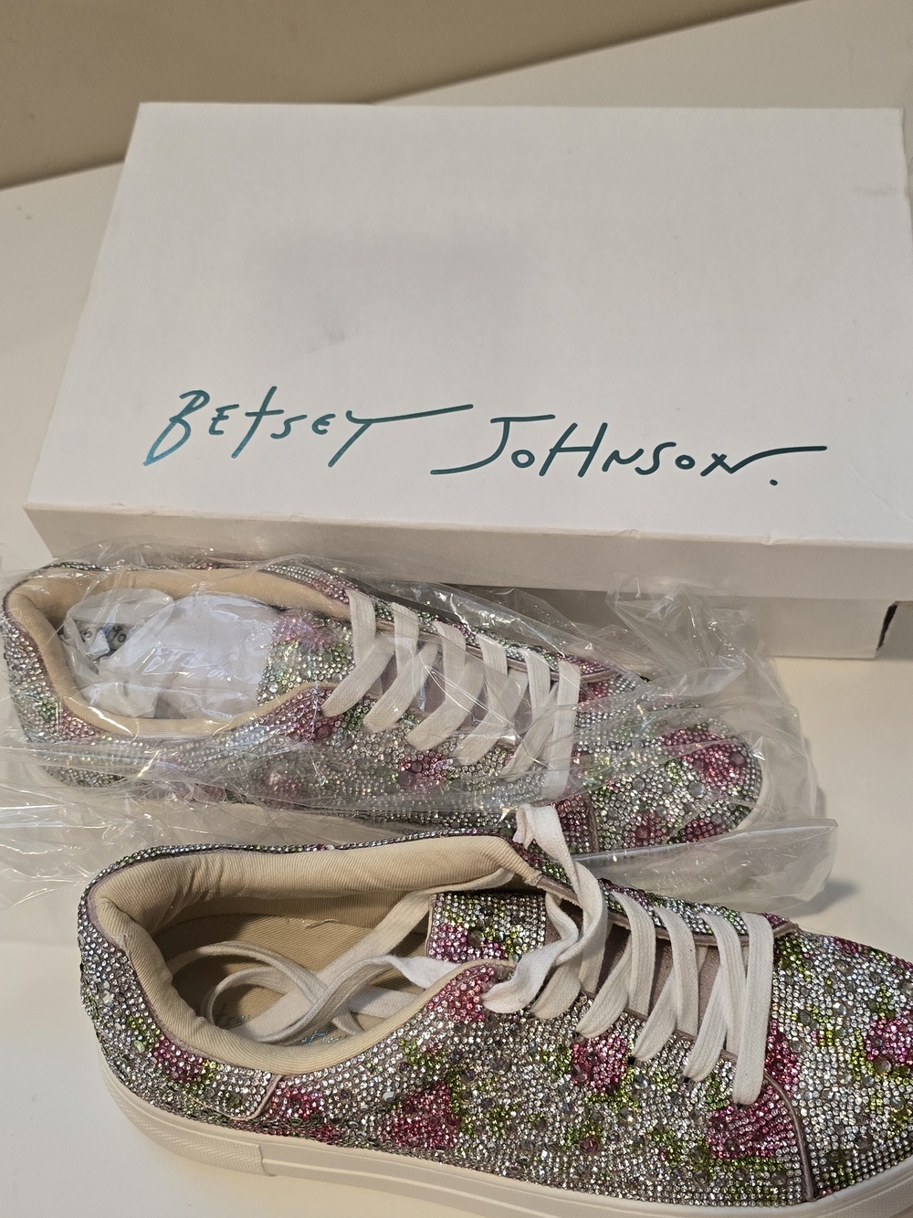 Betsey Johnson Sidney Pink, Silver & Green Crystal Floral Sneakers